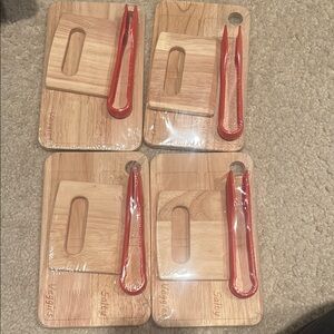 Wooden Cheese Board Set with Red Tongs (set of 4)